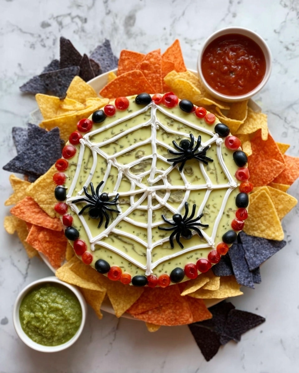 A close-up shows a woman's hand holding a dark blue corn chip topped with four layers: at the bottom a creamy, light beige spread, then a green guacamole layer, followed by small pieces of cherry tomatoes and green onions, and black olive slices on top, with some shredded white cheese scattered throughout. In the background, a white plate filled with a layered dip decorated with a white sour cream pattern resembling a spider web on green guacamole can be seen, surrounded by yellow and dark blue corn chips on a white marbled surface. Photo taken with an iphone --ar 4:5 --v 7