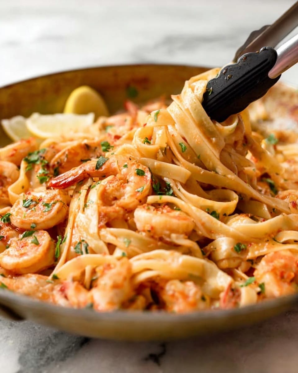 The image shows a close-up of a pan filled with fettuccine pasta mixed with shrimp. The pasta is light tan with a smooth texture, tangled together and coated in a slightly orange sauce. The shrimp are scattered on top and within the pasta, pinkish-orange in color with some green parsley sprinkled over the dish for a fresh touch. A lemon wedge is visible on the side inside the pan, which has a brown and rustic look. A woman's hand holding black tongs is lifting some pasta in the background. The whole scene is set on a white marbled surface. photo taken with an iphone --ar 4:5 --v 7
