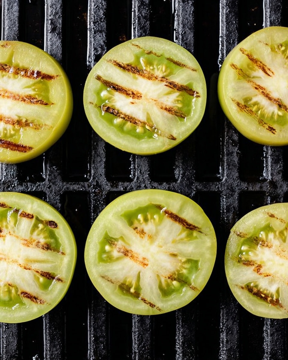 The image shows six slices of green tomato on a black grill. Each slice is round with light green skin and a pale green interior, with dark brown grill marks on the surface. The tomatoes have a glossy texture, and the grill lines run vertically and horizontally beneath them. The slices are spaced evenly apart, showing grill grates beneath. The background is a white marbled texture. photo taken with an iphone --ar 4:5 --v 7