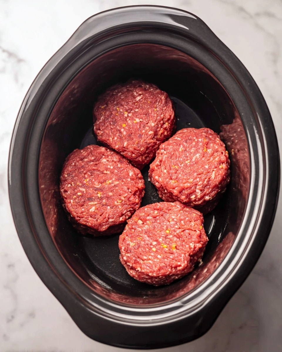 The image shows four raw reddish meat patties placed in a dark oval slow cooker pot. The patties are round and have a coarse texture with small yellowish bits visible inside. The slow cooker pot is set on a white marbled surface, and no other items are around it. The lighting is bright and even, showing the details of the meat clearly. photo taken with an iphone --ar 4:5 --v 7