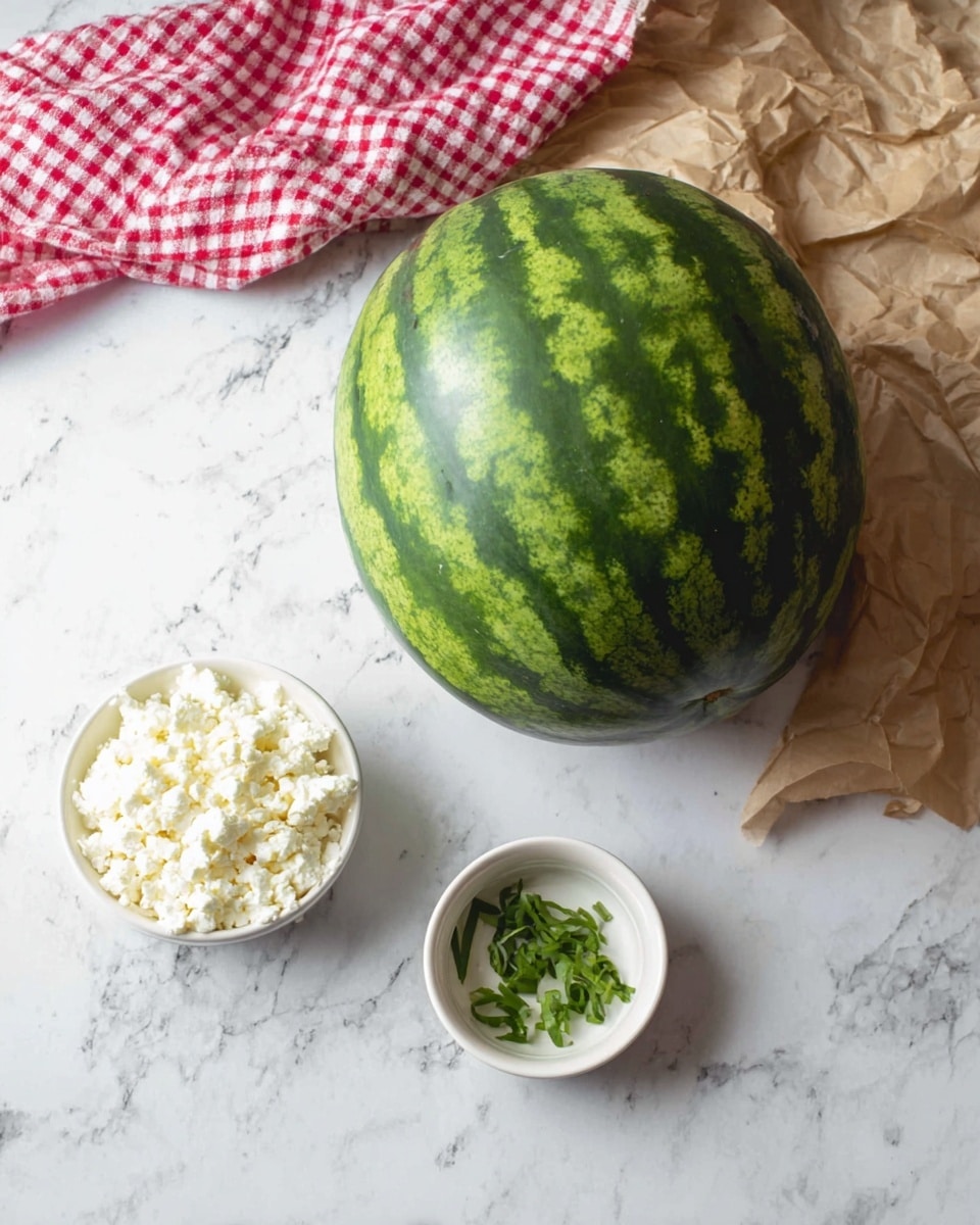 The image shows a whole watermelon with dark and light green stripes placed on a white marbled surface, partially wrapped in brown paper. Near the watermelon, there are two small white bowls; one bowl contains white crumbly cheese, and the other bowl holds small chopped green leaves. A red and white checkered cloth is draped in the upper left corner of the image. Photo taken with an iphone --ar 4:5 --v 7