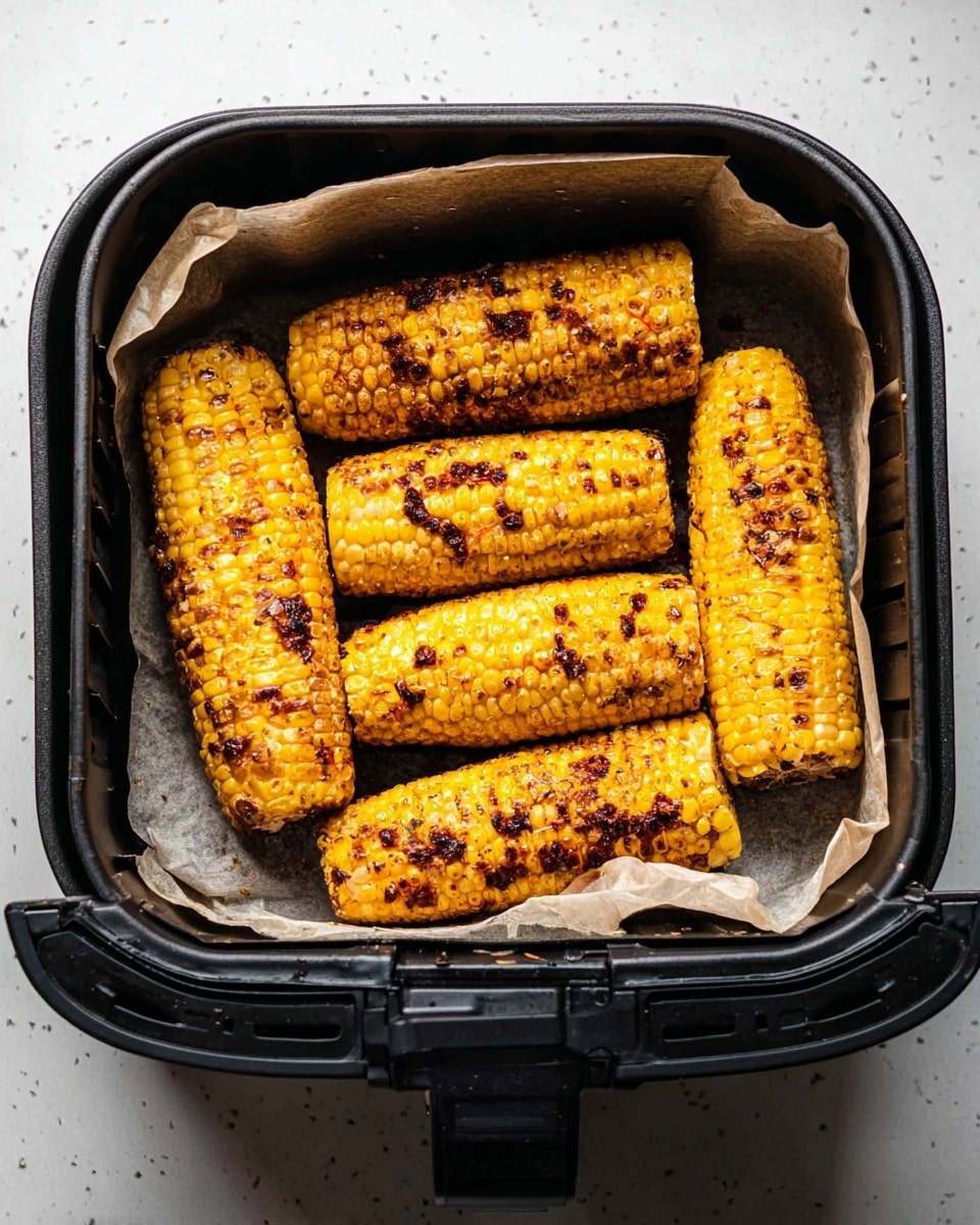 Four grilled corn on the cobs sit side by side in a black air fryer basket lined with parchment paper. The corn kernels are bright yellow with spots of brown and black charred marks, showing a crispy texture from roasting. The basket is open, showing its black top edge and some reflections on the surface inside. The background is a white marbled texture. Photo taken with an iphone --ar 4:5 --v 7