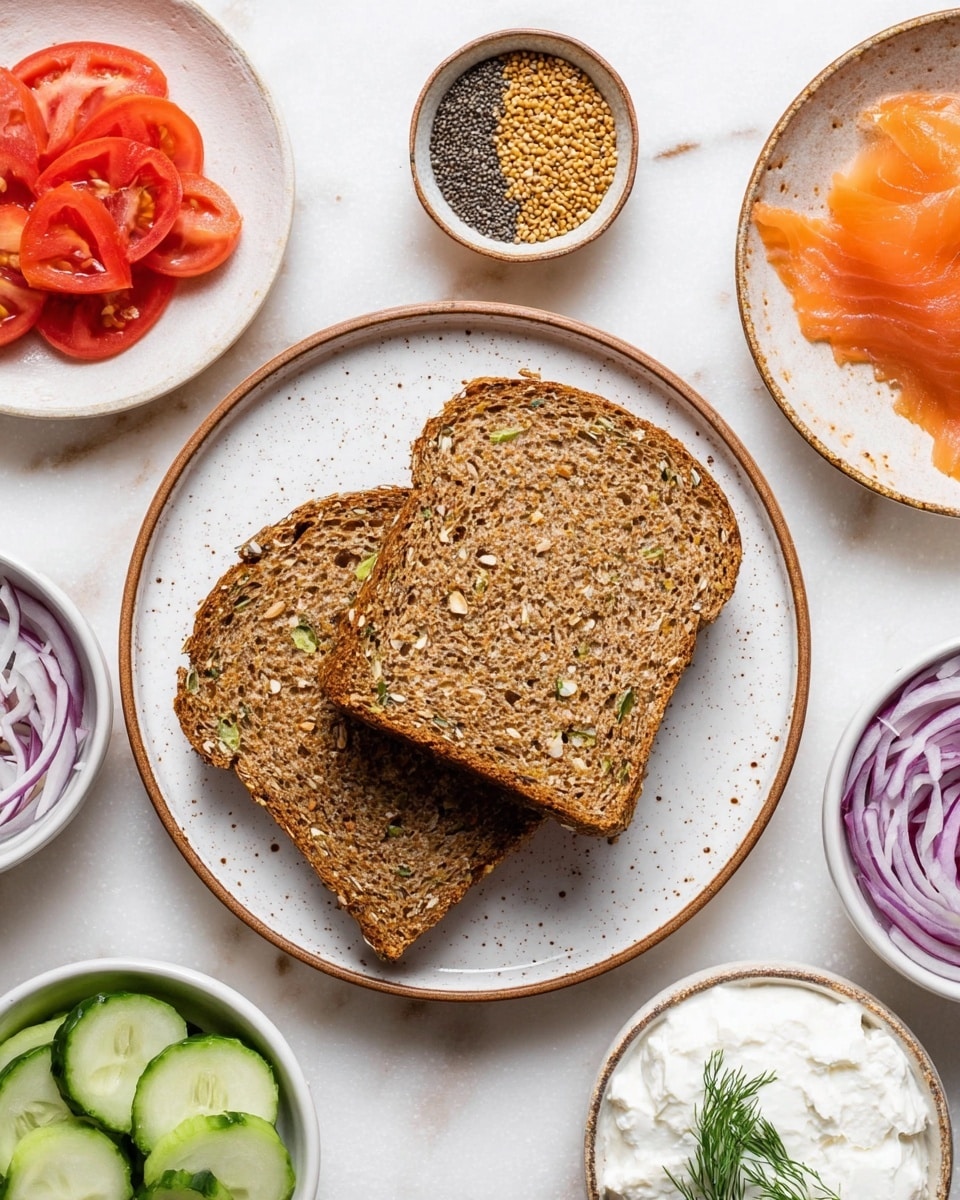 Two slices of brown multigrain bread with visible seeds lie flat on a white speckled round plate with a brown rim, in the center of a white marbled surface. Around the main plate, there are six smaller dishes: one with thin, bright red tomato slices on a white plate, another with thin, light orange slices of smoked salmon on a speckled white plate with a brown rim, one with thin purple onion rings on a similar plate, a bowl of white cottage cheese, a bowl with green cucumber slices, a dish with bright green fresh dill sprigs, and a small bowl containing a mix of black, white, and golden seasoning seeds. The white marbled surface acts as the background. photo taken with an iphone --ar 4:5 --v 7