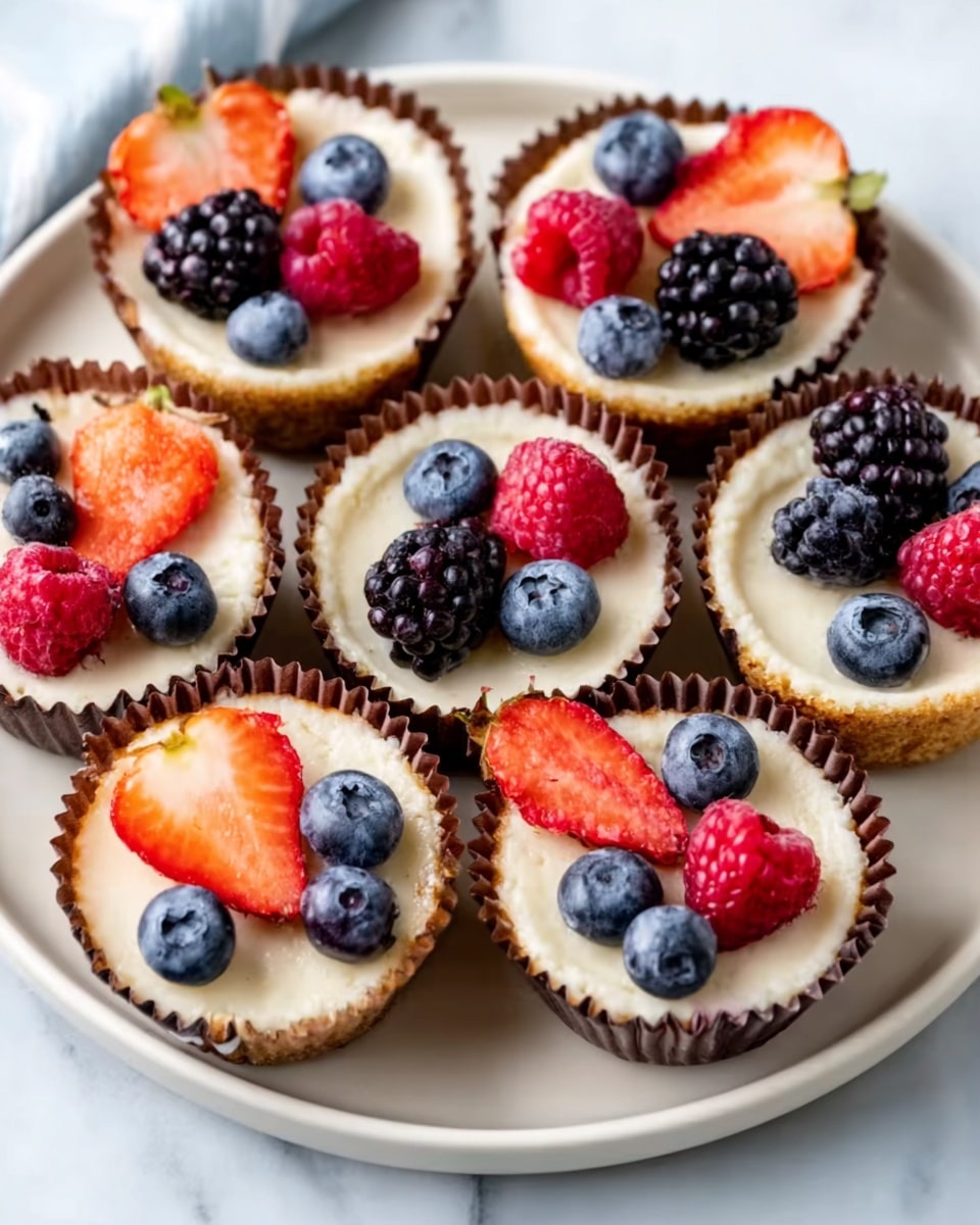 Seven small cheesecakes are arranged on a white plate with a white marbled background. Each cheesecake has a brown paper liner with a creamy white filling. On top of the filling, there are fresh berries: blueberries, blackberries, raspberries, and strawberry slices, with each cheesecake having a mix of two or three berries. The berries add bright blue, purple, red, and orange colors contrasting with the smooth creamy surface of the cheesecakes. Photo taken with an iphone --ar 4:5 --v 7