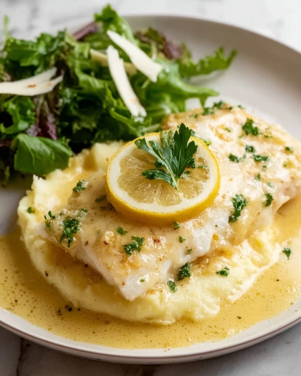A white plate on a white marbled surface holds a meal with three main layers. The bottom layer is a creamy, light yellow mash with a soft texture spread out evenly. On top of this is a cooked white fish fillet covered in a light yellow sauce with small green parsley flakes scattered over it. A thin lemon wedge with green parsley on it rests on the upper part of the fish. To the side, there is a small bunch of green leafy salad with thin white cheese slices mixed in. Photo taken with an iphone --ar 4:5 --v 7