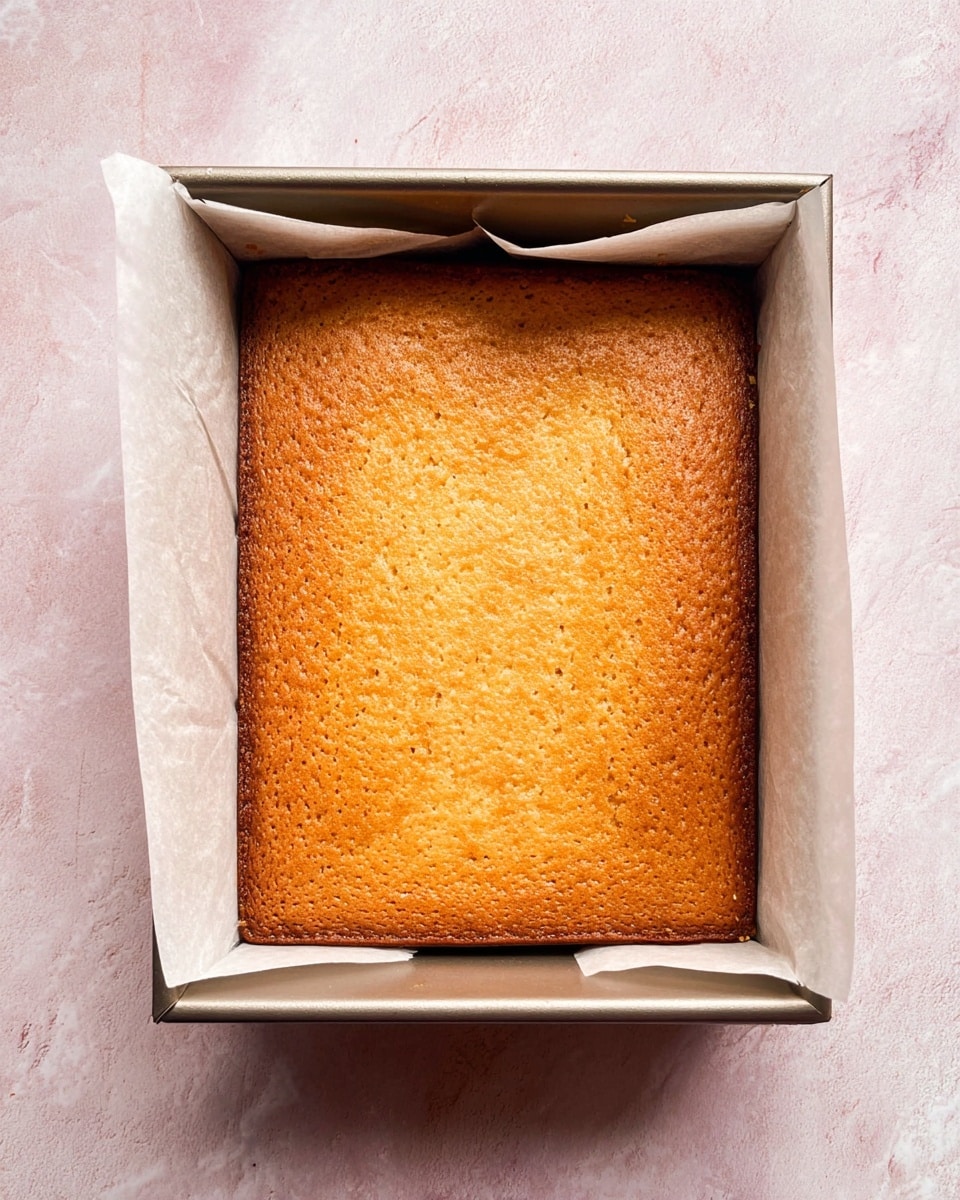 A single square layer of golden brown baked cake sits evenly inside a metal square baking pan lined with white parchment paper on two opposite sides. The cake has a slightly rough and textured top surface with small cracks and a warm, toasted color gradient from light brown to deeper golden hues. The pan is placed on a white marbled surface with soft, subtle pink tones in the background. Photo taken with an iphone --ar 4:5 --v 7