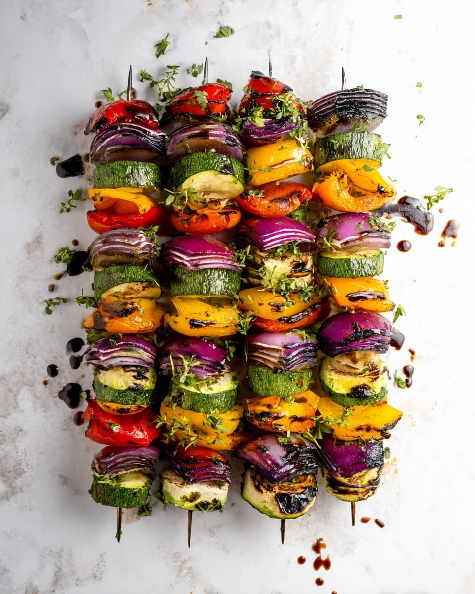 The image shows five wooden skewers laid out side by side on a white marbled surface, each threaded with multiple layers of grilled vegetables. The layers include thick pieces of purple onion at both ends, alternating with bright yellow, red, and orange bell pepper chunks, and slices of dark green zucchini in the middle. The vegetables have a slightly charred texture with some grill marks and tiny bits of fresh green parsley sprinkled on top and around the skewers. The colors are bright and fresh, creating a vibrant contrast against the white marbled background. photo taken with an iphone --ar 4:5 --v 7