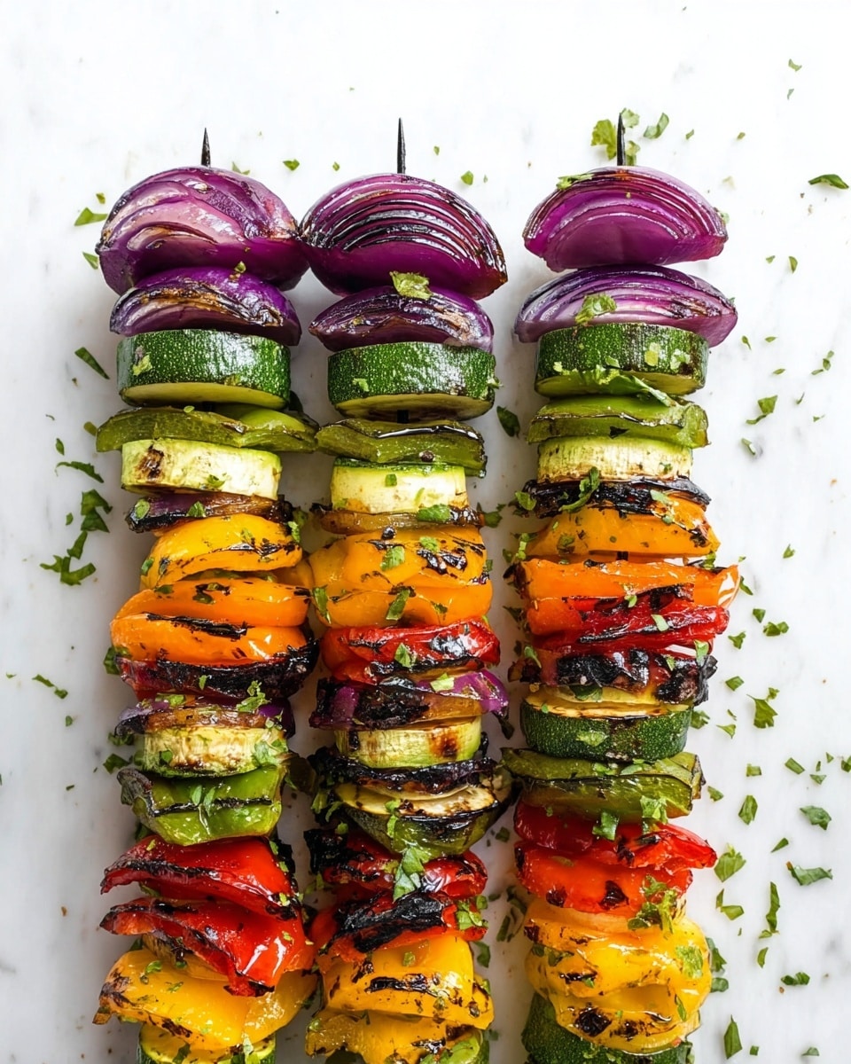 There are six long white skewers standing vertically on a white marbled surface, each filled with grilled vegetables. From top to bottom, the layers on each skewer include rings of purple onion with char marks, slices of green zucchini, pieces of red, yellow, and green bell peppers with grill marks, and some chopped green herbs scattered on each vegetable piece. The colors are bright with a mix of purple, green, red, and yellow, and the vegetables look slightly shiny from seasoning. photo taken with an iphone --ar 4:5 --v 7