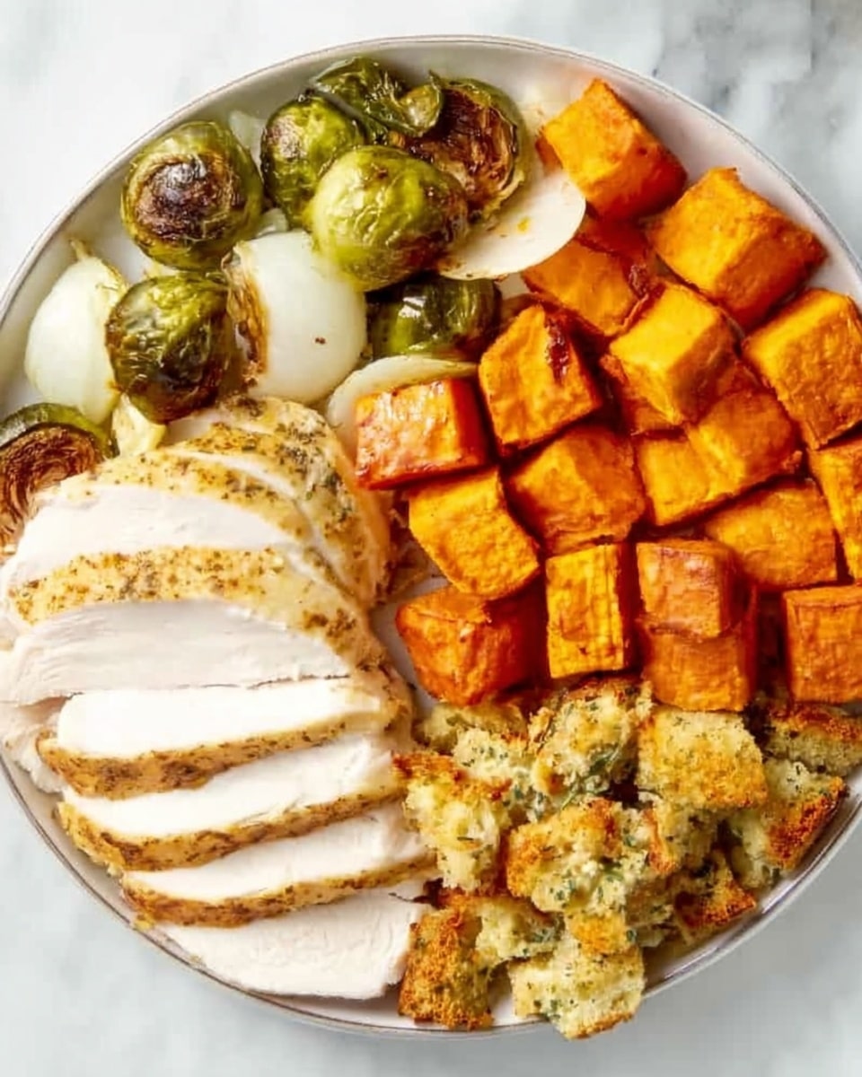 The image shows a white round plate filled with four groups of food. In the top right, there are large cubes of bright orange sweet potatoes with a slightly crispy texture. To the top left, there are halved Brussels sprouts, green with browned edges, next to halved onions, which are light brown with visible layers. At the bottom left, slices of cooked white turkey with a light brown, herb-spiced crust are arranged in a neat row. At the bottom right, there is a portion of golden, crumbly stuffing with small bits visible. The plate sits on a white marbled surface. Photo taken with an iphone --ar 4:5 --v 7