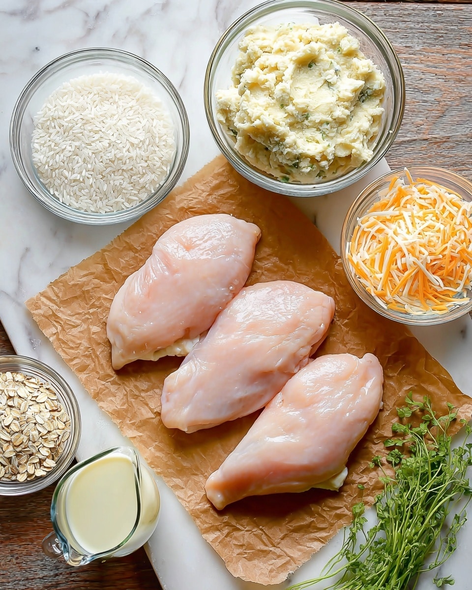 The image shows three raw chicken pieces placed in a row on a brown parchment paper sheet at the center. To the top left, there is a clear glass bowl filled with white rice grains. Next to it on the right is another clear glass bowl with a creamy, pale yellow mashed mixture. To the far right, a clear glass bowl holds shredded orange and white cheese. At the bottom left corner, there is a clear glass measuring cup with a white liquid, next to it a small bowl with light brown oats, and above that a clear jug with a light yellow liquid. Fresh green herbs lie on the bottom right corner, all set on a white marbled surface photo taken with an iphone --ar 4:5 --v 7
