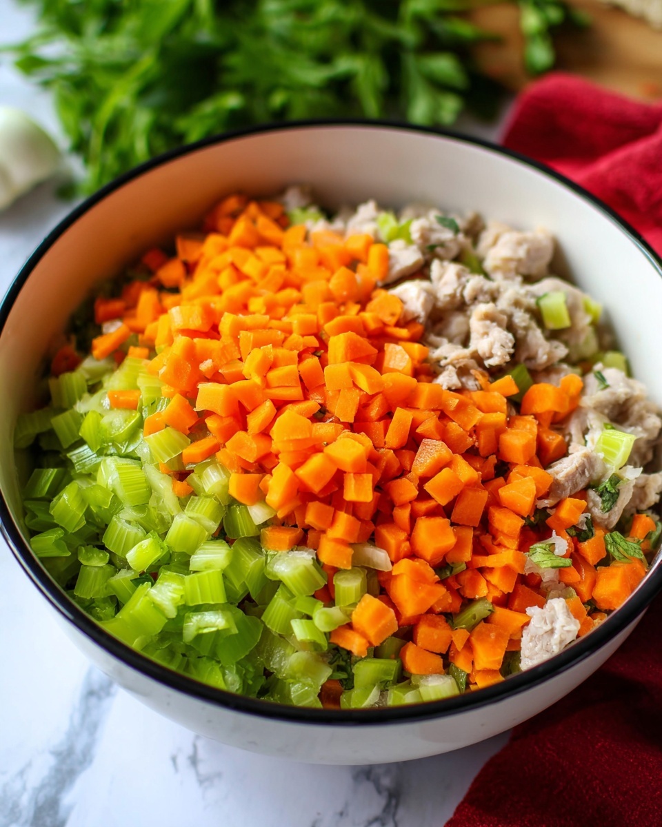 A white bowl with a black rim holds three layers of chopped ingredients: the bottom layer is light beige cooked meat pieces, the middle layer is bright green sliced celery, and the top layer is vibrant orange chopped carrots. The bowl sits on a white marbled surface with a red cloth and green leafy herbs blurred in the background. Photo taken with an iphone --ar 4:5 --v 7