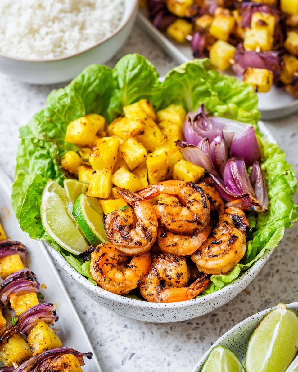 The image shows a white bowl filled with grilled shrimp that have a light orange color with some char marks, mixed with yellow grilled pineapple chunks and purple grilled onions. The bowl is placed on a larger speckled white plate which is lined with bright green lettuce leaves around its sides. Two lime wedges, bright green with a juicy texture, sit on top of the shrimp inside the bowl. In the background, there is a white bowl filled with white rice and a white dish holding more shrimp and pineapple skewers. The setting is on a white marbled surface. photo taken with an iphone --ar 4:5 --v 7