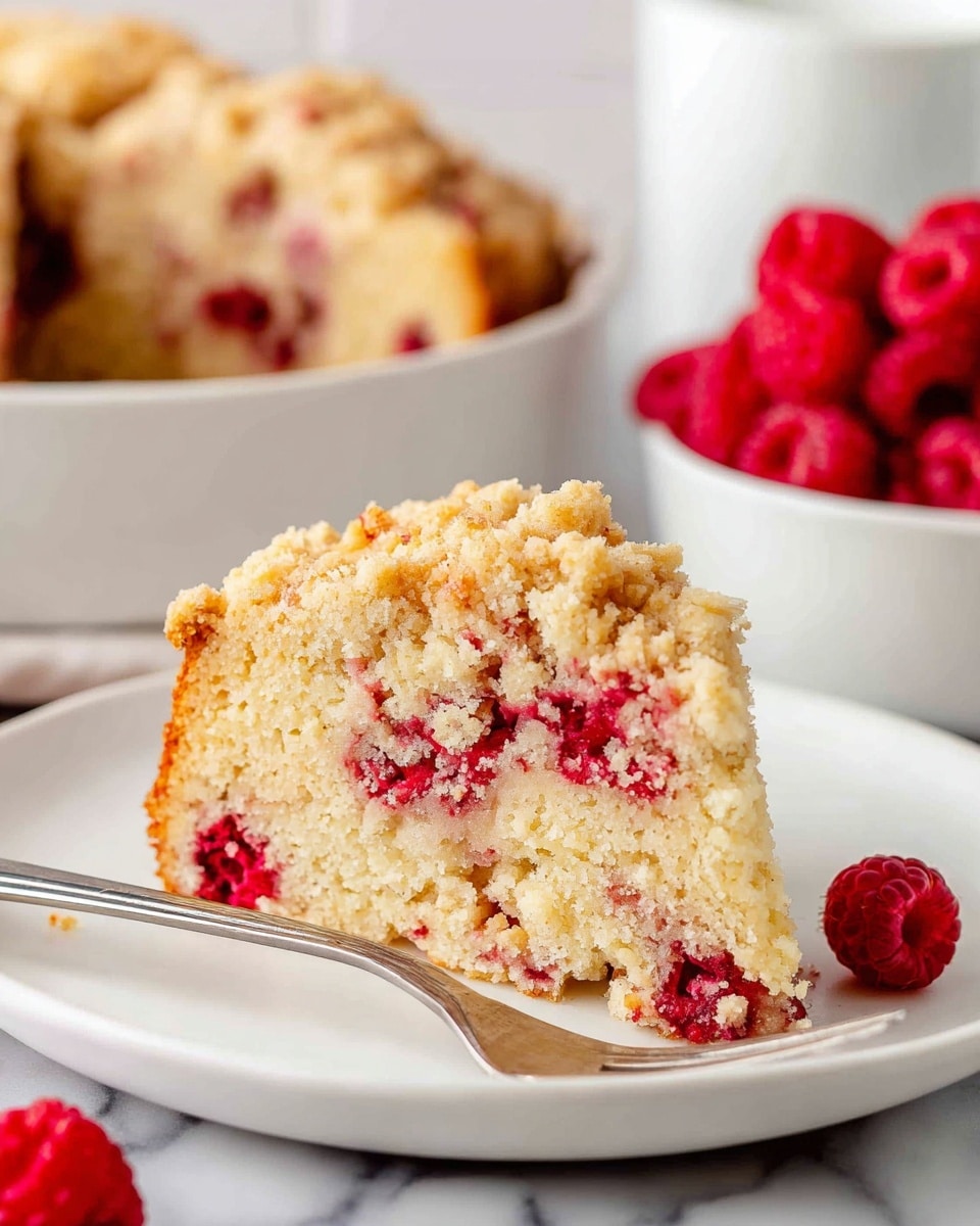 A close-up view of a thick slice of crumbly raspberry cake on a white plate, showing a dense, light golden cake with bright red raspberry pieces inside and a golden crumb topping. The cake slice is in the foreground with a silver fork beside it on the plate. In the background, there is a white dish with the rest of the cake, showing the same crumbly golden top. On the right, a white bowl filled with fresh bright red raspberries sits on a white marbled surface. Photo taken with an iphone --ar 4:5 --v 7
