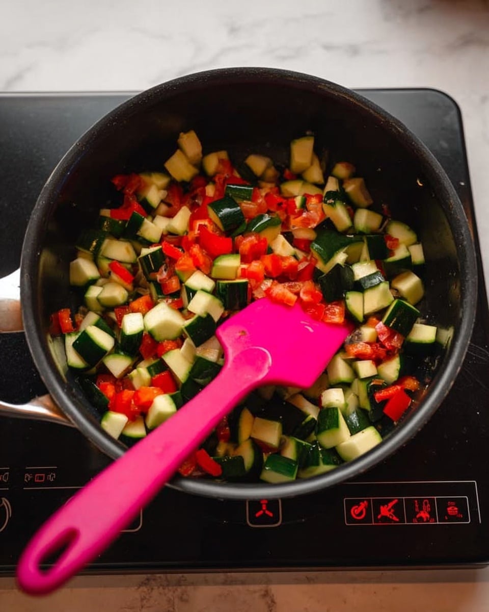 A close-up image of a black cooking pot on a black stove with red digital controls, filled with small, chopped pieces of green zucchini and red bell pepper mixed together. A bright pink spatula is placed inside the pot, resting on the vegetables, with its handle extending out over the pot's edge. The background surface is changed to a white marbled texture. photo taken with an iphone --ar 4:5 --v 7