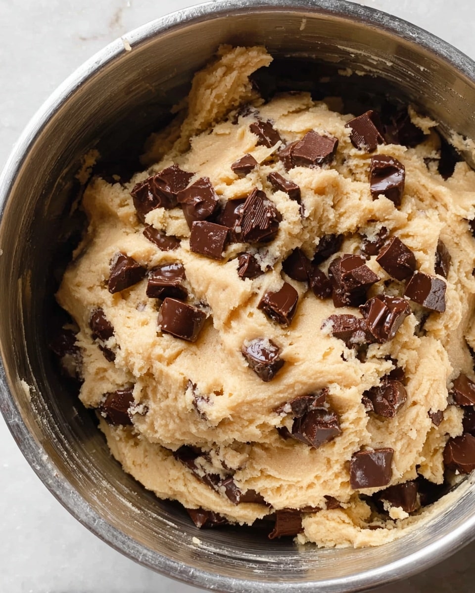 A close-up view of a thick, creamy dough mixed with semi-melted dark chocolate chunks and chips in a shiny metal bowl. The dough appears soft with a slightly uneven, rustic texture, light beige in color, scattered with rich dark brown, glossy chocolate pieces that create contrast. The dough fills the bowl unevenly, with some folds and pockets visible, giving it a hearty and fresh appearance. The background is a white marbled texture. photo taken with an iphone --ar 4:5 --v 7