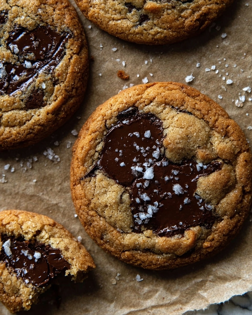 The image shows several cookies on a sheet of brown parchment paper placed on a white marbled surface. Each cookie is golden brown with a slightly rough and crinkled texture. The center of the cookies has melted dark chocolate patches that look shiny and smooth. Small white flakes of salt are sprinkled unevenly on top of the cookies and the parchment paper. The cookies have round edges and look thick but soft with visible cracks on the surface. photo taken with an iphone --ar 4:5 --v 7