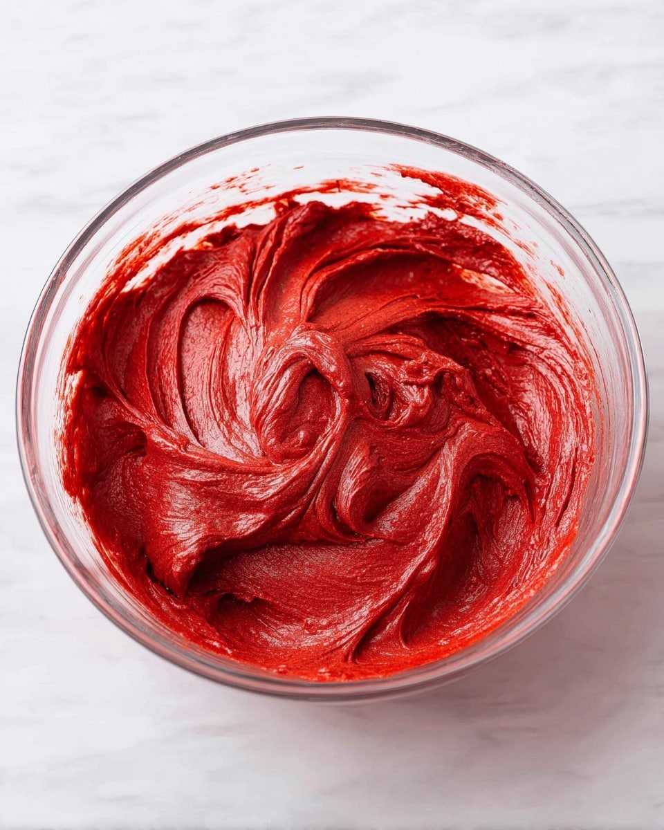A clear glass bowl filled with thick, creamy red batter that has smooth, swirled textures creating soft peaks and waves, sitting on a white marbled surface. The batter looks rich and moist with a glossy shine reflecting light, showing key details of its smooth yet slightly dense consistency. Photo taken with an iphone --ar 4:5 --v 7