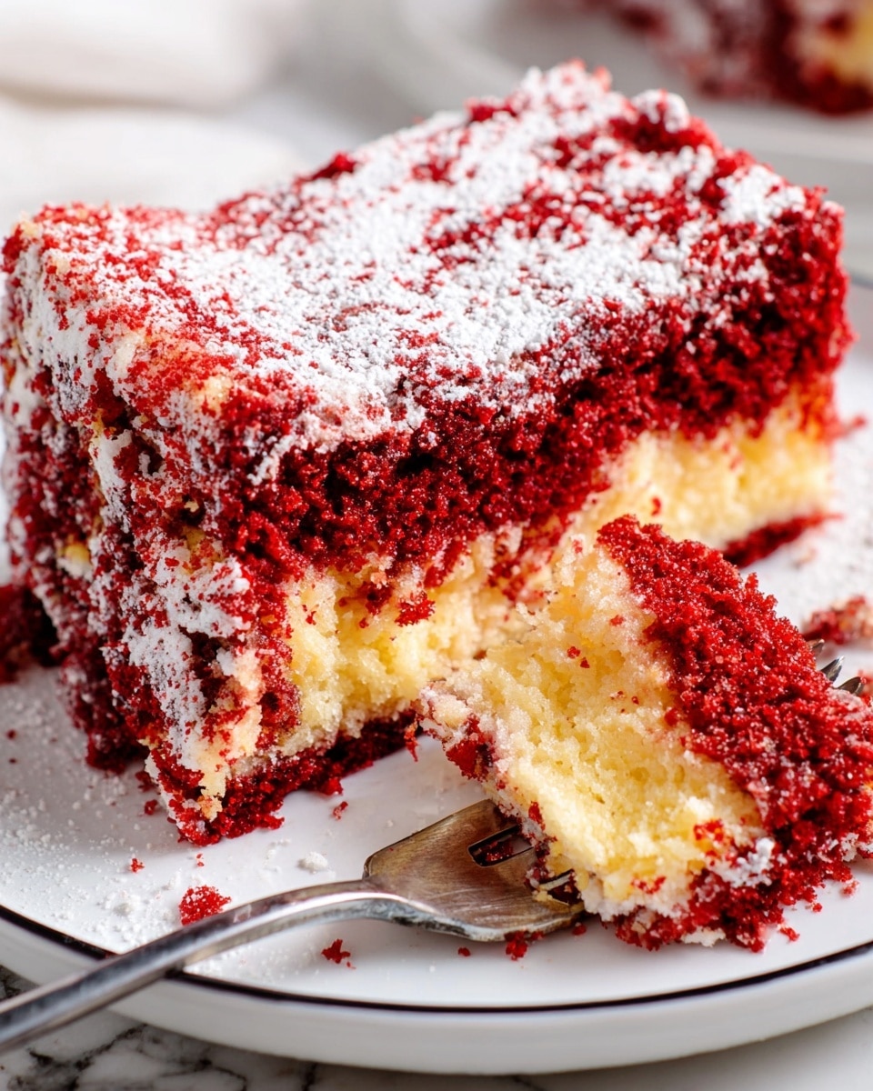 A close-up of a two-layer red velvet cake slice on a white plate with a thin black rim. The top layer is deep red with a soft, crumbly texture, dusted with white powdered sugar. The bottom layer is light yellow and moist, slightly crumbled next to the bite taken out. A small piece of cake is on a silver fork beside the slice. The plate sits on a white marbled texture surface. photo taken with an iphone --ar 4:5 --v 7