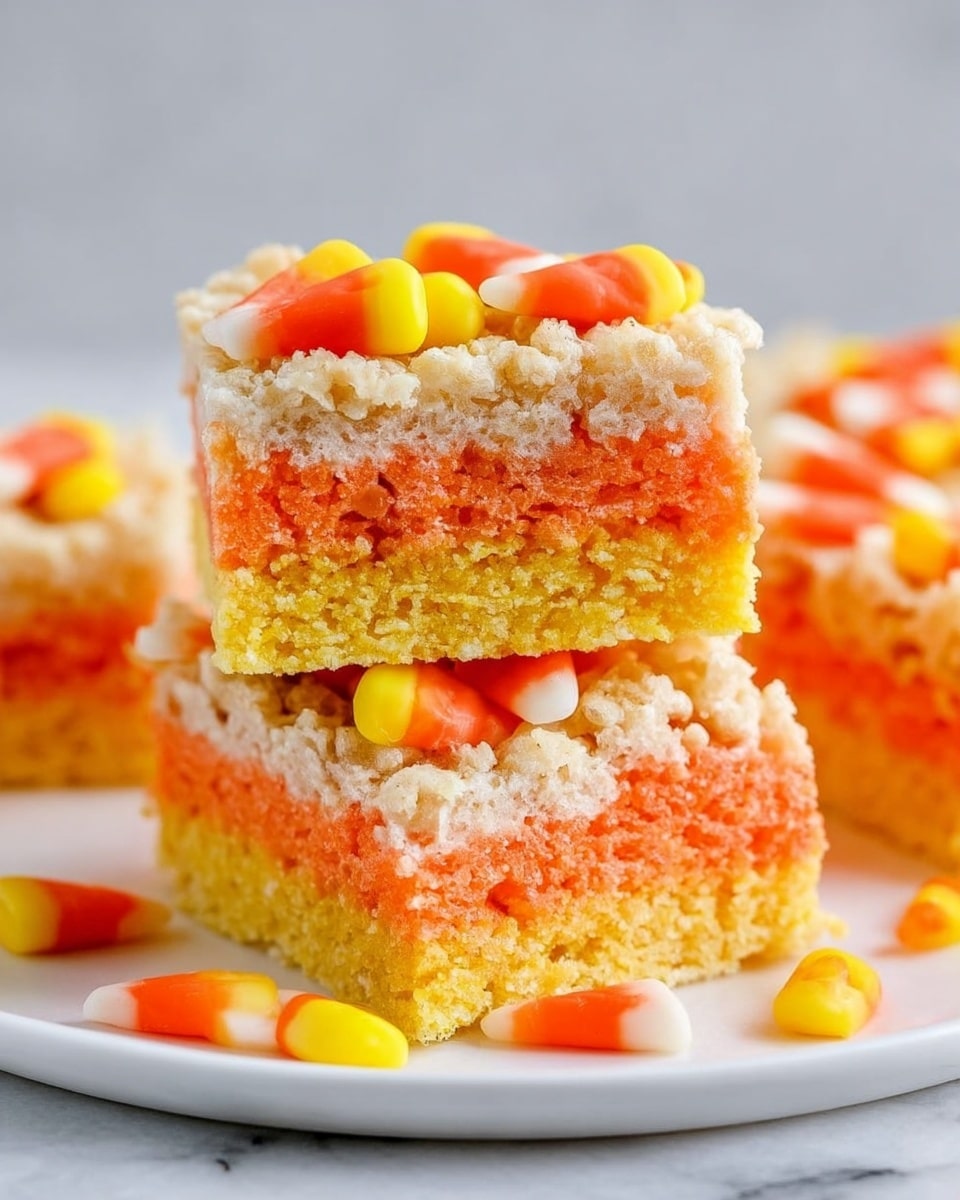 The image shows three square treats stacked on a white plate with a white marbled background. Each treat has three layers: the bottom layer is yellow with a crisp texture, the middle layer is bright orange and appears slightly softer, and the top layer is light beige with a similar texture to the bottom layer. Small candy corns, with yellow, orange, and white colors, are scattered on top of the treats and around the plate. Photo taken with an iphone --ar 4:5 --v 7