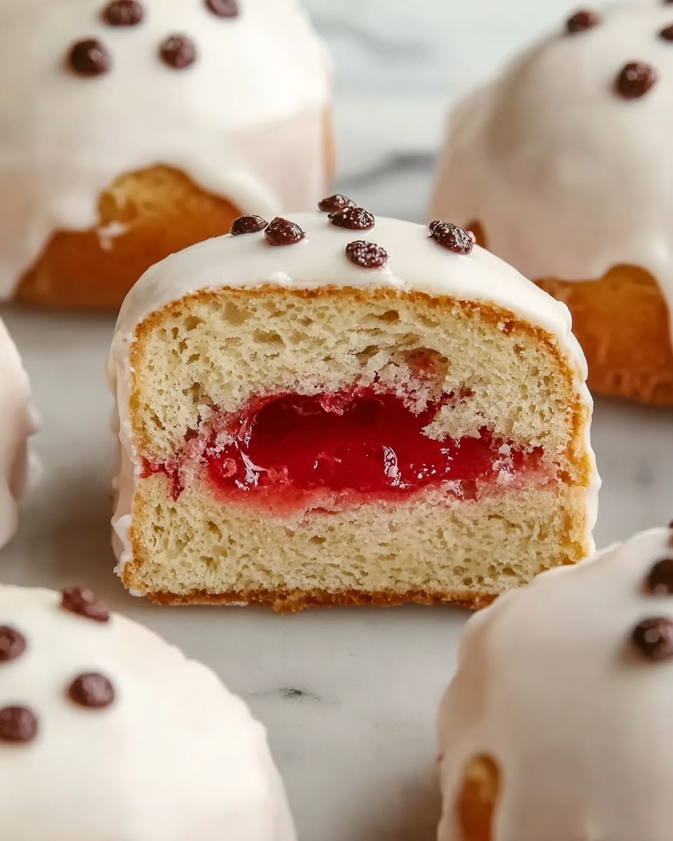 The image shows a close-up of a round pastry with a thick layer of white icing on the outside. One pastry is cut open and held by a woman's hand, revealing the inside filled with bright red jam that looks soft and slightly chunky. The pastry dough is light yellow and fluffy. Around the cut pastry, there are more pastries topped with white icing and decorated with small dark spots on a white marbled surface. The lighting is soft and natural, making the colors look fresh and vibrant photo taken with an iphone --ar 4:5 --v 7