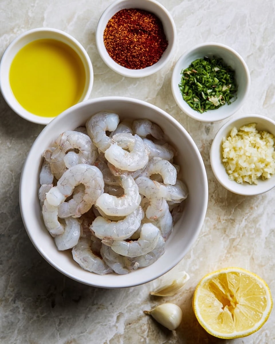 A white bowl full of raw peeled shrimp is in the center of the image, with the shrimp showing a translucent white and light gray color. Around the bowl, on a white marbled surface, are five small white bowls holding different ingredients: one bowl has bright yellow oil, another contains red and brown spices, a third holds finely chopped garlic in a pale cream color, a fourth has chopped green herbs, and the last has a halved lemon with its yellow flesh visible. The scene is lit softly from above, emphasizing the textures and colors of the ingredients. Photo taken with an iphone --ar 4:5 --v 7