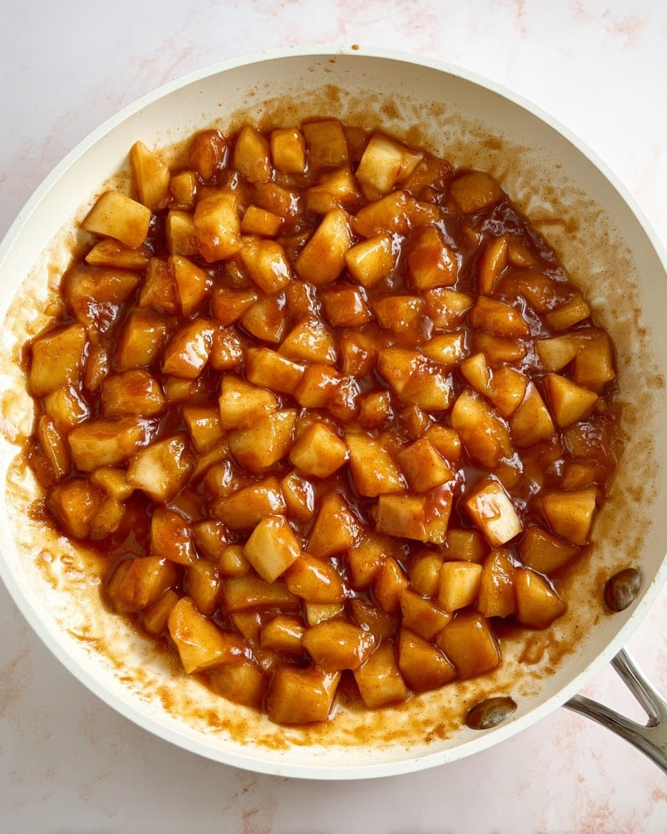 The image shows a white pan filled with small, soft pieces of cooked apples coated in a shiny, amber-brown sauce. The apple pieces are chunky and uneven, surrounded by a thick, syrupy glaze that clings to them. The edges of the pan have some residue from the cooking sauce, adding a rustic touch. The pan handle is metallic and partially visible, resting on a white marbled surface. The warm tones of the apples and sauce contrast softly with the light background. photo taken with an iphone --ar 4:5 --v 7