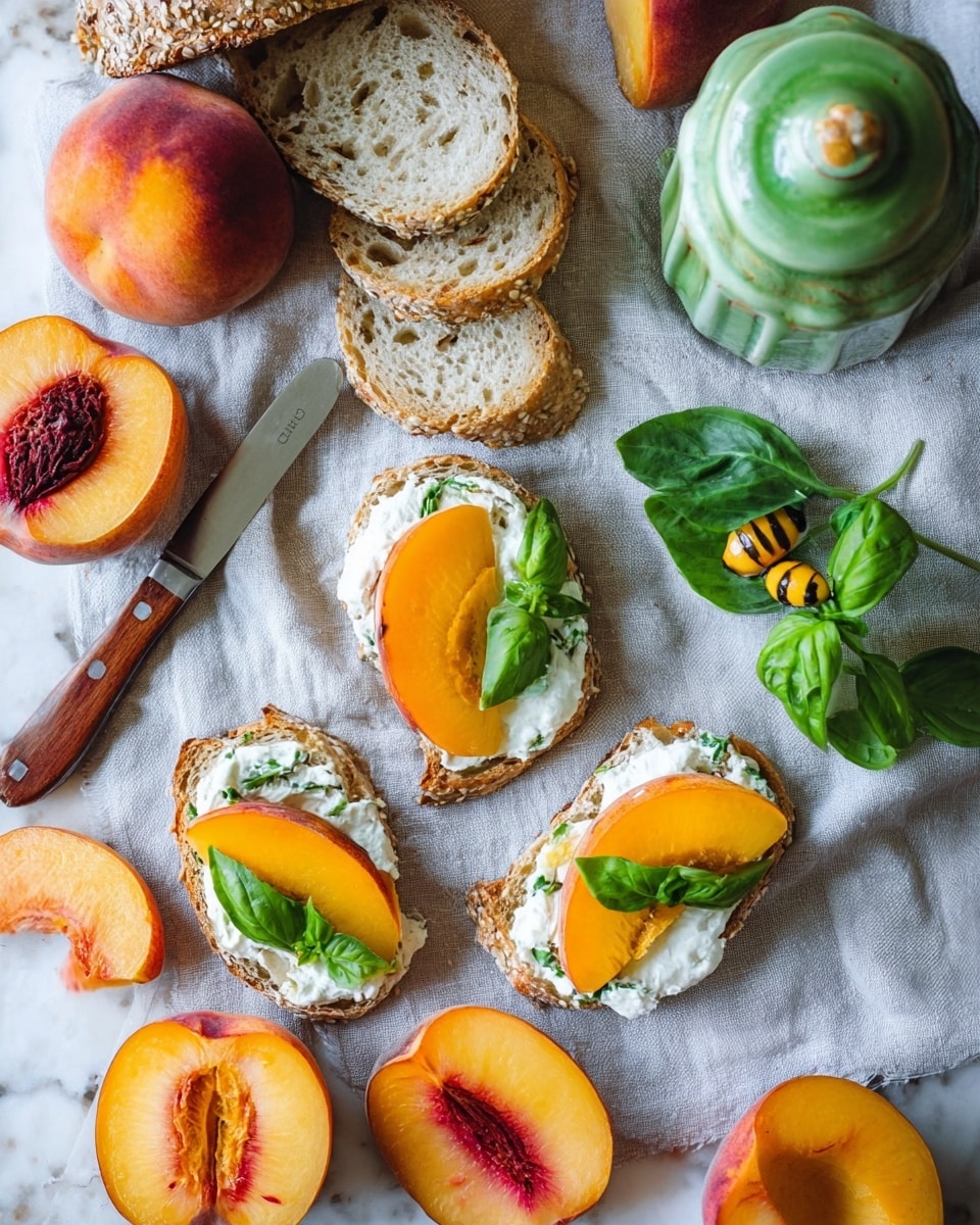 The image shows several small slices of white seeded bread topped with a thick layer of soft white cheese and a bright orange peach slice on each, garnished with green basil leaves. Whole and halved peaches with vivid orange flesh are scattered around the bread slices. A wooden-handled knife with a silver blade lies next to some bread slices. A small bright green ceramic jug with a ridged pattern and its lid, shaped like a bee, sits on the light grey cloth beneath all the food. The entire scene is set on a white marbled surface, creating a fresh and colorful arrangement. photo taken with an iphone --ar 4:5 --v 7