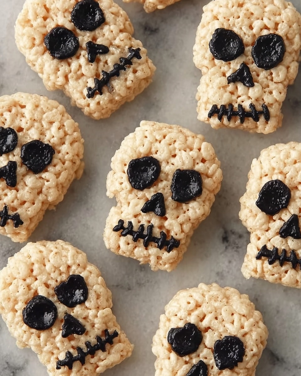 The image shows several skull-shaped treats made from light beige crispy rice cereal. Each skull has black eyes, nose, and stitched mouth details made with a smooth shiny black icing, giving them a spooky look. The skulls are placed on a white marbled surface, arranged close to each other with some overlapping slightly. The texture of the treats is bumpy from the cereal, and the contrast between the light beige and dark black icing makes the skull shapes clear. photo taken with an iphone --ar 4:5 --v 7