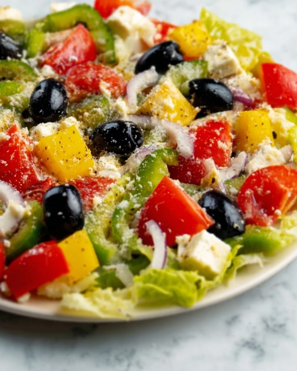 This image shows a close-up of a colorful salad on a white plate placed on a white marbled surface. The salad has several layers: at the bottom, bright green lettuce leaves create a textured base. On top of this, there are cubes of red tomatoes and pale yellow cheese scattered evenly. Black olives are placed throughout the salad, adding dark round shapes. Small pieces of white onion rings are visible, spread across the dish. The overall look is fresh and vibrant with mixed colors of red, green, black, yellow, and white. Photo taken with an iphone --ar 4:5 --v 7