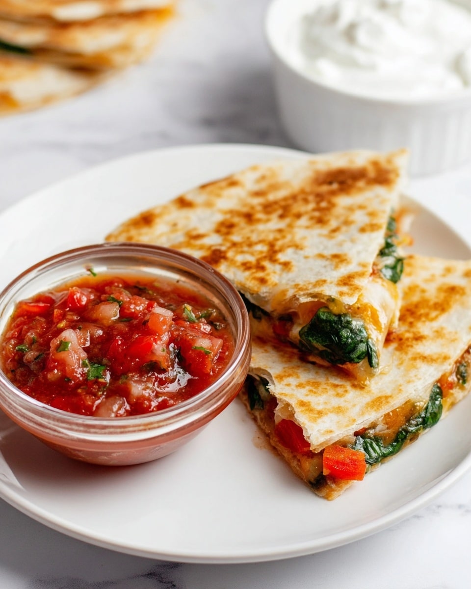 The image shows a white plate with three triangular pieces of quesadilla that are golden brown and slightly crispy on the outside. Inside the quesadilla, there are visible layers of green leafy spinach and red bell pepper, along with melted cheese. Next to the quesadilla pieces, there is a small clear glass bowl filled with chunky red salsa that has pieces of tomato and green pepper. In the background, there is a blurred white bowl with what looks like sour cream. The plate is set on a white marbled surface. photo taken with an iphone --ar 4:5 --v 7