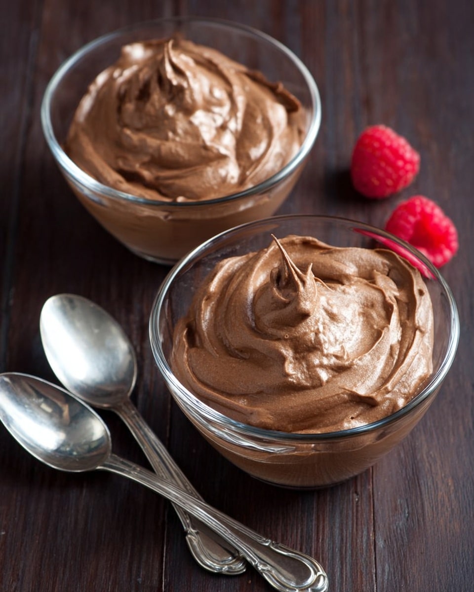 Two clear glass bowls filled with a smooth, light brown chocolate mousse, each showing a creamy texture with soft peaks rising from the surface. The bowls are placed on a dark wooden surface with two shiny silver spoons next to them on the left side, and two small bright red raspberries on the right side. The mousse appears thick and rich, filling each bowl almost to the top. Photo taken with an iphone --ar 4:5 --v 7