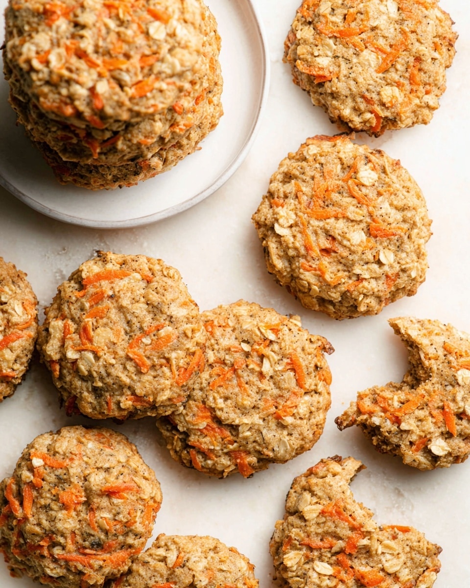 The image shows several round oatmeal cookies with visible orange carrot shreds mixed throughout them. The cookies have a soft, chunky texture with a slightly rough surface, and they vary slightly in size. A small stack of cookies is placed on a white plate to the left side, with more cookies spread out on a white marbled surface around it. One cookie near the top right is broken, showing its chewy inside. The overall colors include light brown from the oats and dough, bright orange from the carrots, and specks of darker brown spice. photo taken with an iphone --ar 4:5 --v 7