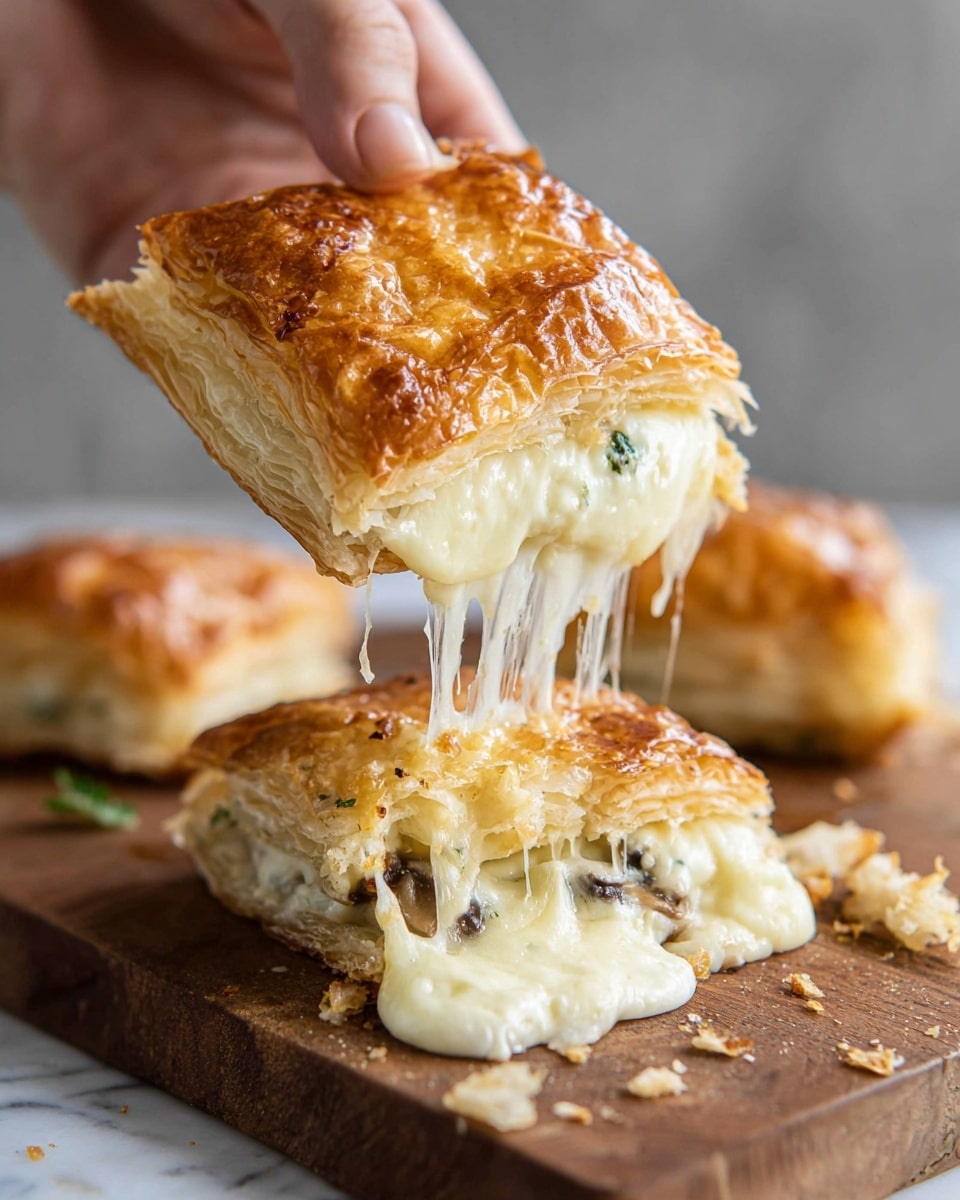 Two golden brown rectangular pastries with flaky, crispy layers are placed on a wooden cutting board. Each pastry has small slits on top and crimped edges, showing a slightly puffed texture. A woman's hand is holding the top left corner of the upper pastry. The cutting board rests on a dark textured surface with scattered crumbs and a rough beige cloth loosely wrapped around its bottom right side. The scene has a cozy rustic feel. Photo taken with an iphone --ar 4:5 --v 7