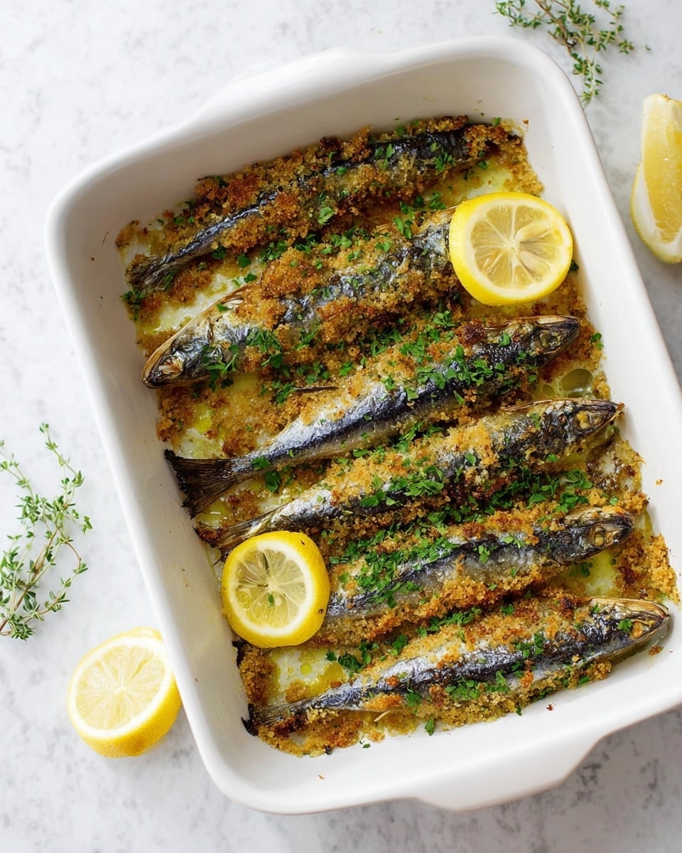 The image shows a white rectangular baking dish with five small fish lying side by side. Each fish has a crunchy, golden-brown breadcrumb layer on top, sprinkled with green herb leaves. Two thin, round yellow lemon slices rest on the fish, one near the middle and one at the bottom of the dish. The baking dish sits on a white marbled surface, with some small sprigs of herbs and a lemon wedge nearby. The overall colors mix metallic fish skin with the warm crunchy crust and fresh green herbs. photo taken with an iphone --ar 4:5 --v 7
