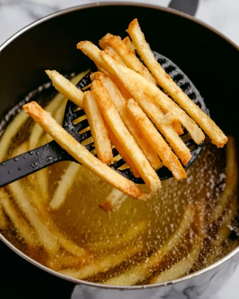 A black slotted spatula lifts several thin, golden French fries above a pot filled with hot oil where more fries are frying. The fries are light golden with a slight crisp texture, showing uneven browning, and the pot has a shiny metal rim. The background surface is white marbled. Photo taken with an iphone --ar 4:5 --v 7