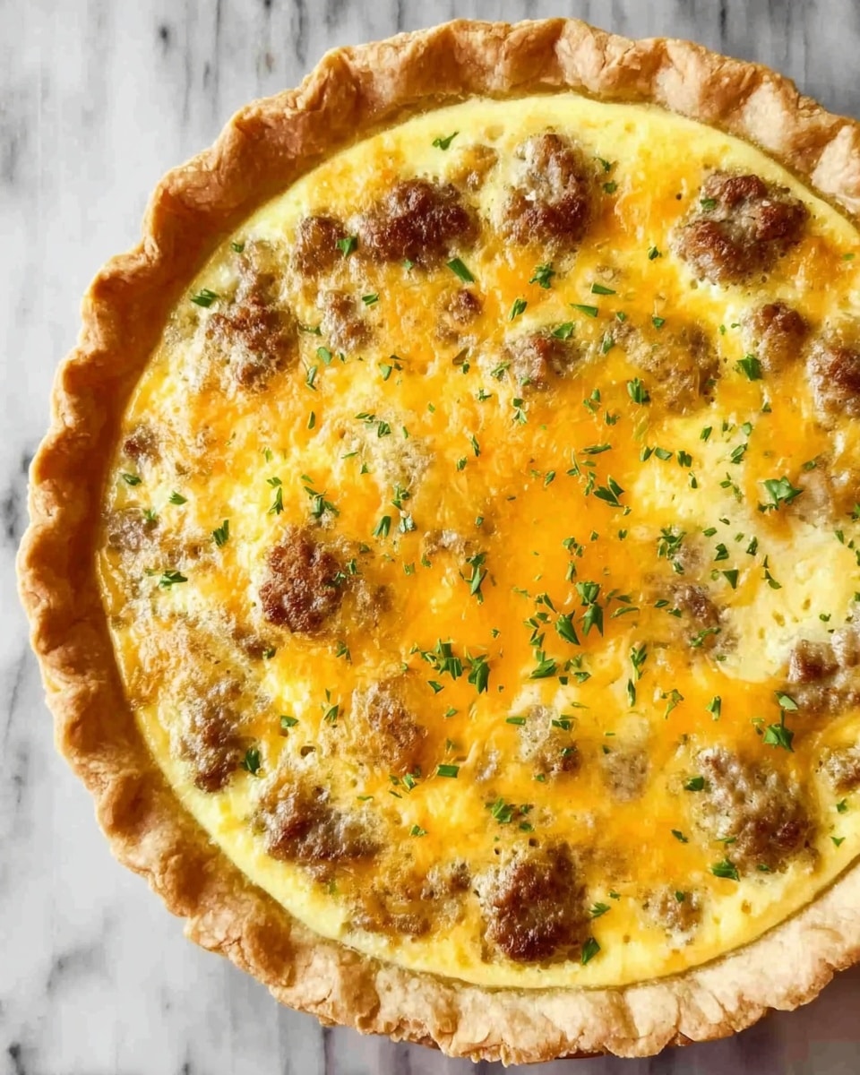 The image shows a round quiche with a golden-brown crust that has gently crimped edges. The filling has a creamy yellow base layer, topped with scattered chunks of cooked sausage that are browned and slightly textured. On top of the sausage, there is a melted layer of light orange cheese, giving a smooth and shiny look. Small green herbs are sprinkled across the cheese, adding a touch of color. The quiche is placed on a white marbled surface that contrasts with the warm colors of the dish. photo taken with an iphone --ar 4:5 --v 7