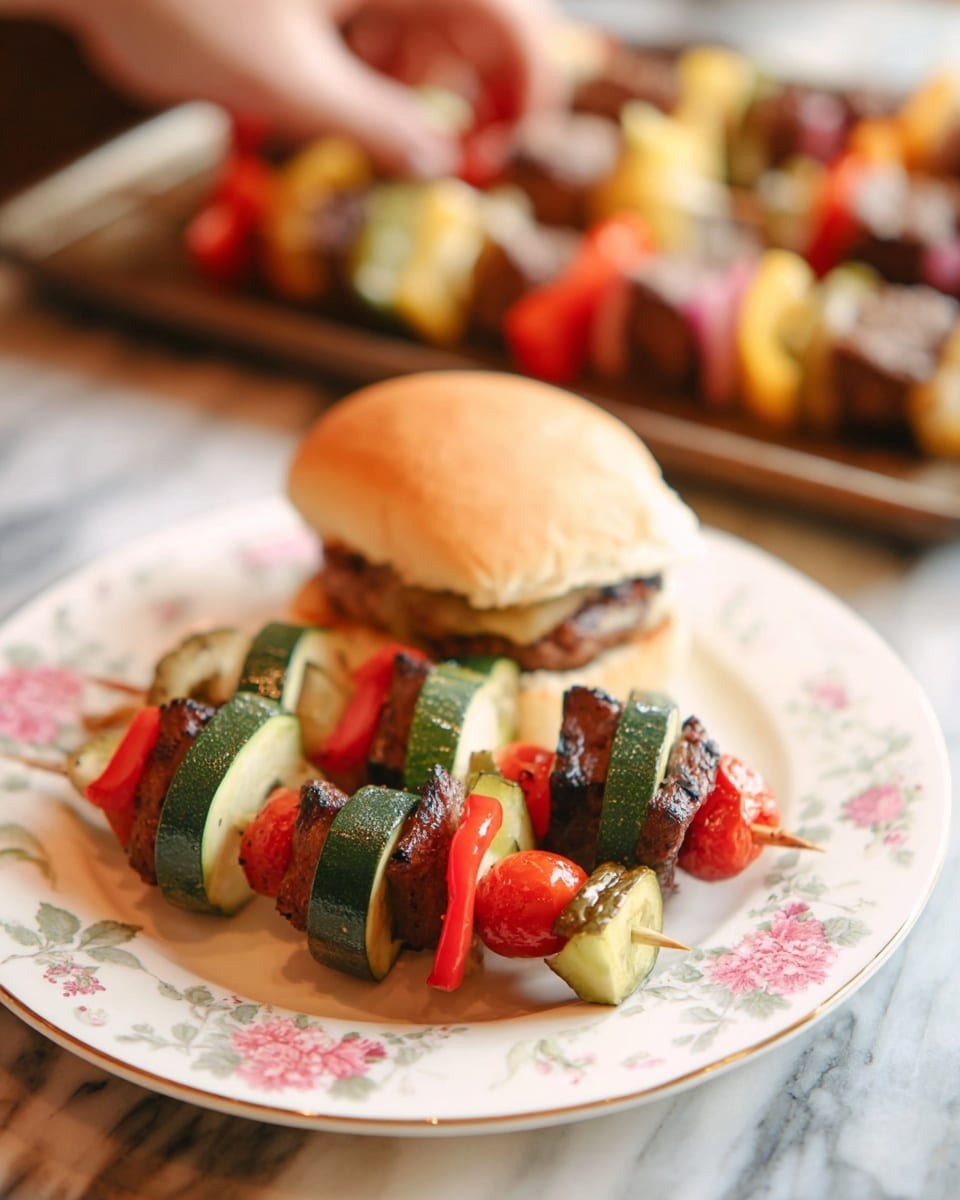 A white plate with floral patterns holds two pieces of grilled vegetable and beef skewers, each skewer layered with green zucchini slices, red bell pepper chunks, browned beef pieces, and small red cherry tomatoes, arranged closely. Next to the skewers is a sandwich with a soft, golden-brown bun, showing layers inside of pickles, a beef patty, and a light sauce. In the blurred background, there is a tray of more colorful skewers and a woman's hand visible above it. The surface is a white marbled texture photo taken with an iphone --ar 4:5 --v 7