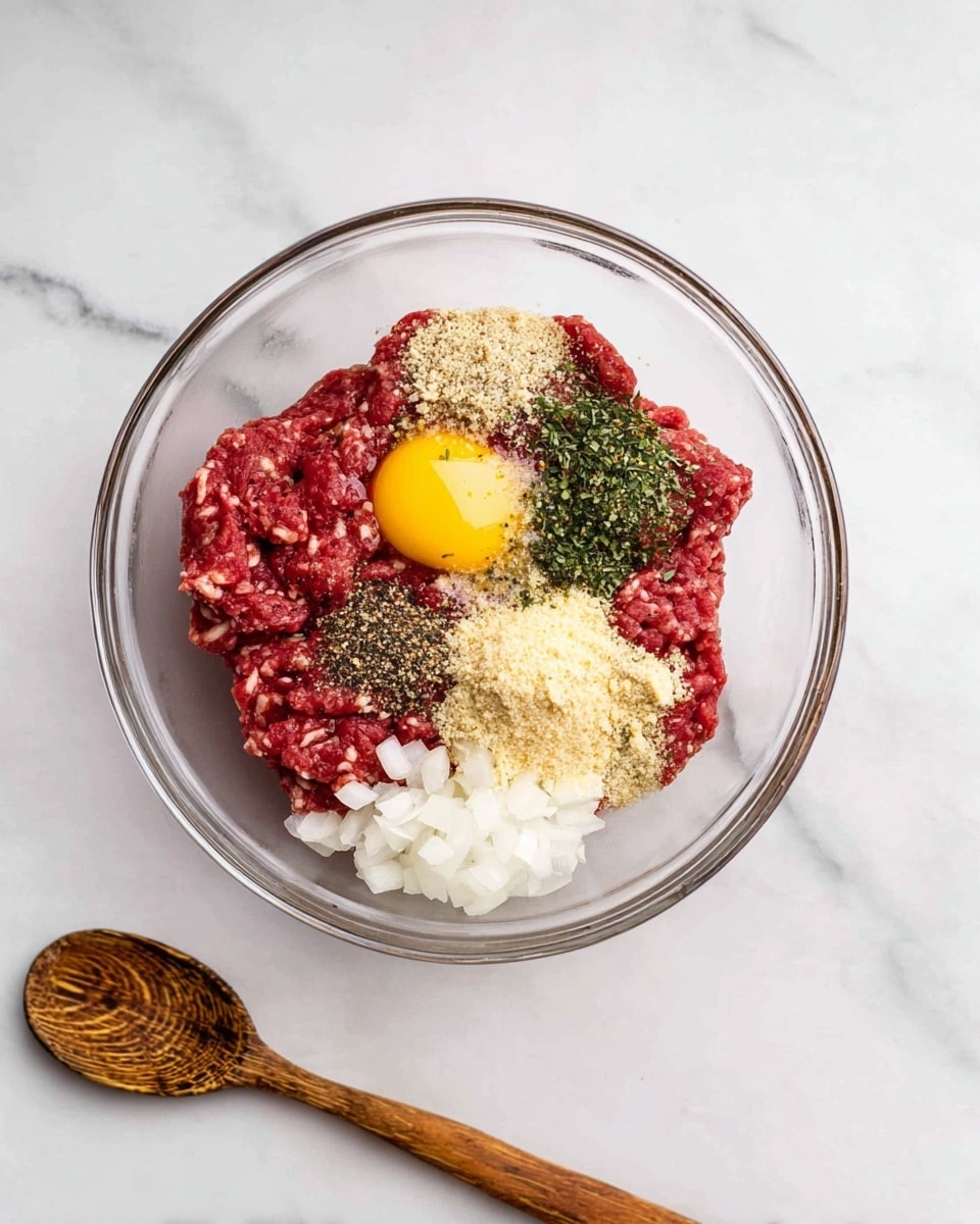 In a clear glass bowl on a white marbled surface, there are six main layers of ingredients. The bottom layer has bright yellow raw egg yolk visible among the rich red ground meat that makes up the base. On one side, there is a mound of light beige breadcrumbs, next to small white chopped onions on the right edge. On top of the meat near the breadcrumbs and onions, there are small piles of green dried herbs, a small black pepper layer, and a few light brown spices sprinkled in different spots. A small dollop of smooth yellow mustard sits on the meat near the herbs. A wooden spoon with a worn texture rests beside the bowl on the white marbled surface. Photo taken with an iphone --ar 4:5 --v 7