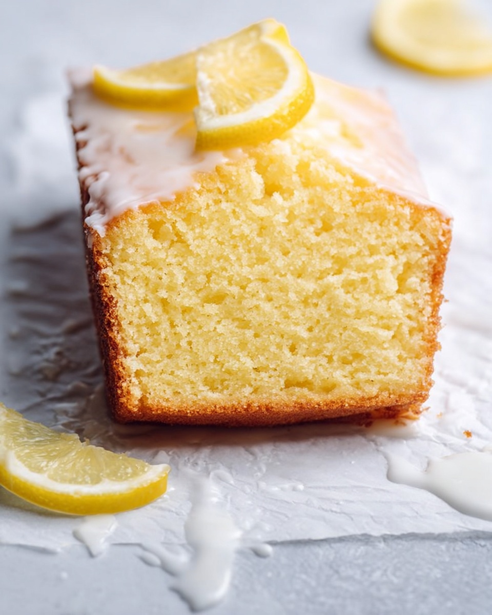 A single slice of yellow lemon cake with a soft, moist texture sits on white parchment paper over a white marbled surface. The cake slice has a light golden-brown crust on the edges and a smooth pale yellow inside. Two lemon wedges, one above and one below the cake slice, show bright yellow citrus with a fresh, juicy look. Some white cake glaze is visible around the slice on the parchment paper. Photo taken with an iphone --ar 4:5 --v 7