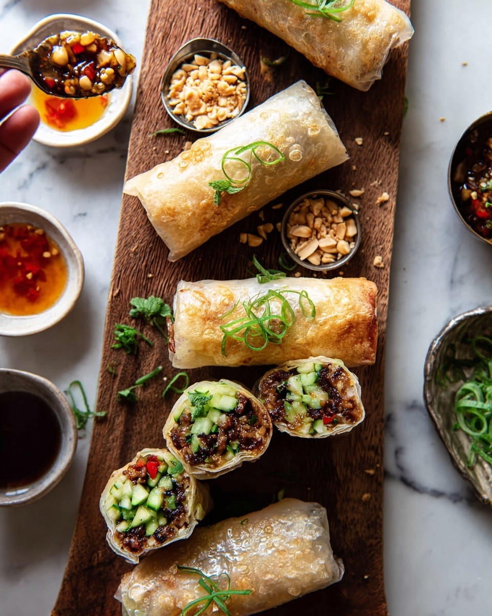 There are several spring rolls placed on a wooden board with a white marbled background. The spring rolls have a light golden crispy outer layer with some small bubbles and are garnished with thin strips of green herbs on top. Two spring rolls are cut in half, showing three visible layers inside: dark brown cooked meat, bright green chopped cucumber and cilantro, and some peanuts and red chili flakes mixed in. Around the board, there are small white bowls and metal cups containing sauces and peanuts. A woman's hand holds a spoon with sauce near the top left corner. photo taken with an iphone --ar 4:5 --v 7