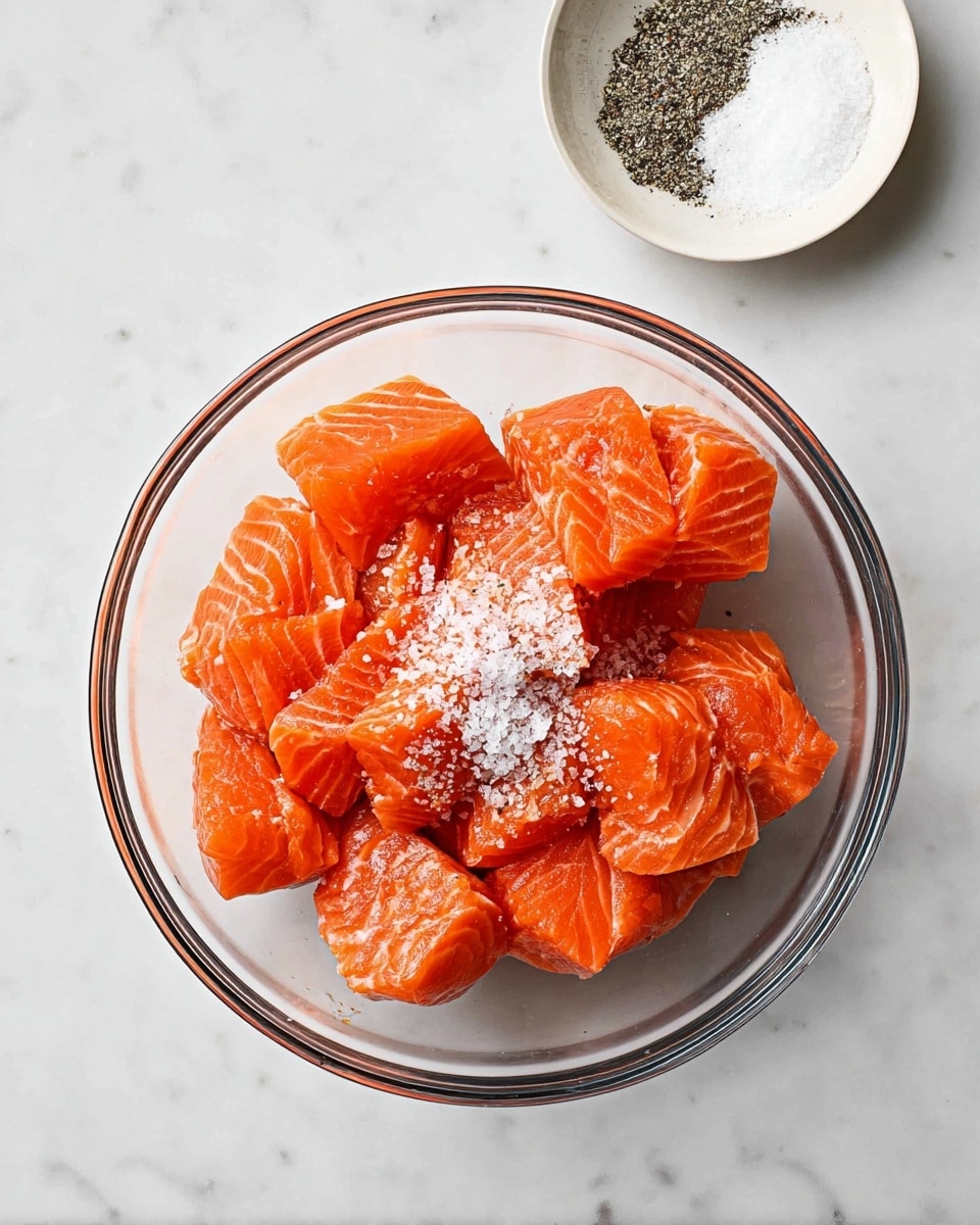A clear round glass bowl filled with about twenty thick chunks of bright orange raw salmon arranged in two layers, with the top layer covered in coarse white salt and black cracked pepper. Above and slightly to the left is a small white bowl filled with a crescent of black pepper and a pile of white salt. Both bowls rest on a white marbled surface. Photo taken with an iphone --ar 4:5 --v 7