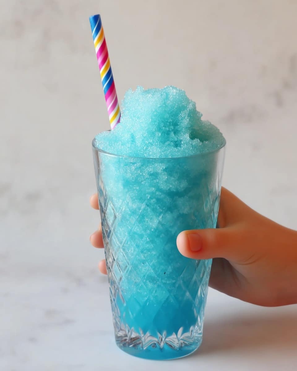 A clear, textured glass is filled with a bright blue icy drink that has a smooth, slightly fluffy surface. Inside the glass, a colorful straw with blue, pink, yellow, and green diagonal stripes is inserted near the right edge, slightly bent at the top. The background shows a soft white marbled texture with blue and white horizontal stripes underneath the glass. The light highlights the icy texture and clear edges of the glass, giving it a fresh, cool look. Photo taken with an iphone --ar 4:5 --v 7