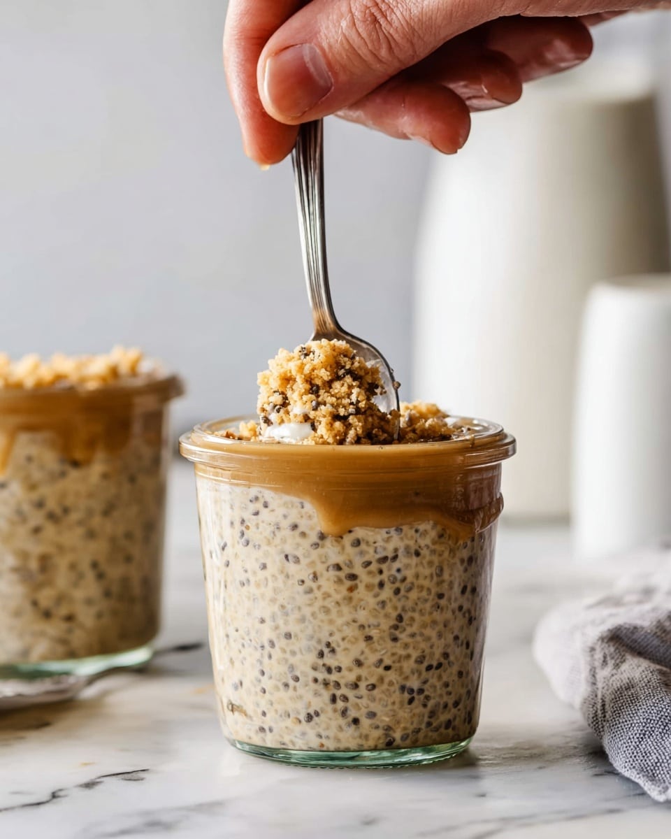 A clear glass jar is filled with a creamy mixture speckled with tiny black chia seeds, creating a textured light brown base layer. On top, there is a glossy layer of syrup drizzled just below a crumbly golden brown topping. A silver spoon is partially pressing into the crumbly layer, held by a person's fingers above the jar. The jar sits on a white marbled surface with another similar jar partially visible beside it, and a blurred white bottle is in the soft-focused background. photo taken with an iphone --ar 4:5 --v 7