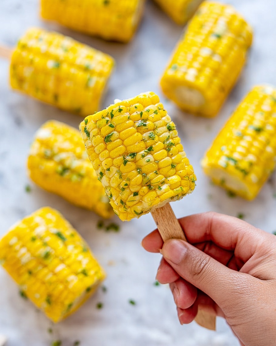 A close-up view shows a woman's hand holding a piece of bright yellow corn on the cob. The corn has small green herb bits sprinkled on it, giving it a fresh look. The corn piece is small and has a wooden stick inserted at the base. In the background, more pieces of the same yellow corn on the cob lie scattered on a light-colored white marbled surface. The overall image is bright and colorful, focusing mainly on the corn and the woman's hand. photo taken with an iphone --ar 4:5 --v 7