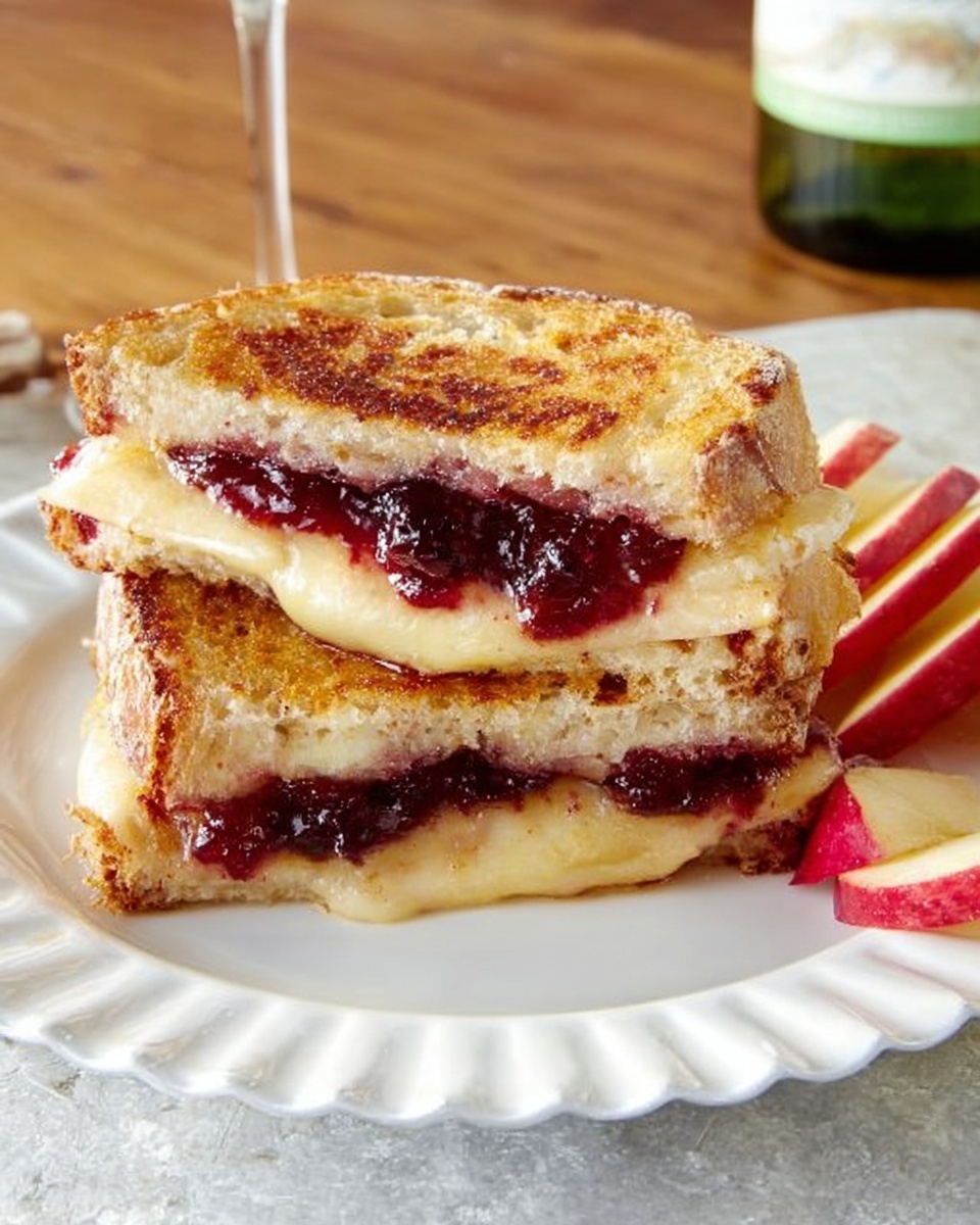 Two halves of a sandwich stacked on a white scalloped plate placed on a white marbled textured surface. Each sandwich half has three layers: the top and bottom are golden brown toasted bread with a slightly crisp texture, the middle layer is melted pale yellow cheese, and beneath that is a dark red jam or fruit spread that looks thick and sticky. To the right side of the plate, there are two red apple slices with a glossy skin. The background shows part of a wooden table and a green and white wine bottle. Photo taken with an iphone --ar 4:5 --v 7