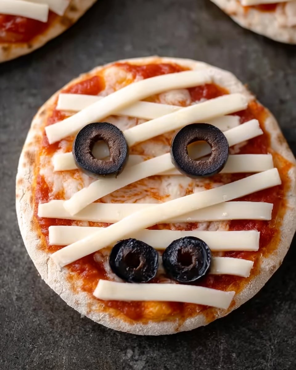The image shows a small pizza with a white marbled texture surface underneath. The pizza has one layer of red sauce spread evenly on the base, covered by multiple thin strips of white cheese placed in a crisscross pattern like mummy bandages. On top, there are two black olives positioned as eyes. Below the eyes, several sliced black olives form a curved mouth. The pizza is round, with a light golden crust visible around the edges. The photo taken with an iphone --ar 4:5 --v 7