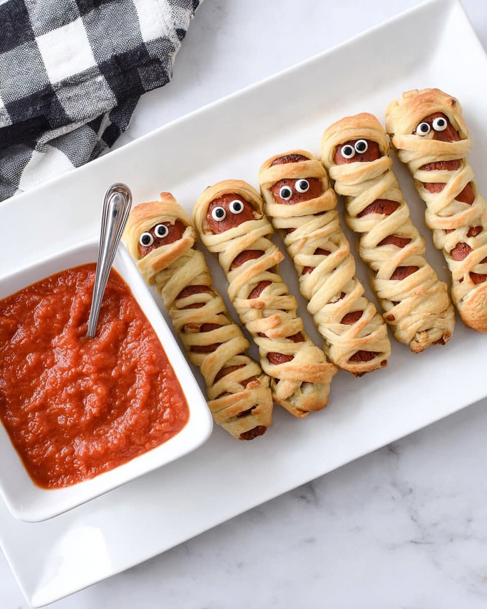 The dish shows six small sausages wrapped in thin, light golden dough strips that look like mummy wrappings, each with two small dark eyes made of food on top. They are placed side by side in a straight line on a large white rectangular plate. On the left side of the plate, there is a rectangular white bowl filled with thick and bright red marinara sauce, with a silver spoon resting inside it. The background is a white marbled surface with a black and white checkered cloth partially visible in the top left corner. Photo taken with an iphone --ar 4:5 --v 7