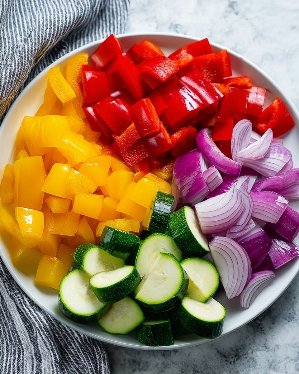 A white plate filled with four sections of chopped vegetables arranged side by side: bright red bell peppers with a glossy texture, vibrant purple onions with a slightly translucent look, yellow bell peppers with a smooth and shiny surface, and fresh green zucchini slices showing pale seeds and green edges. The background is a white marbled texture with a piece of striped cloth partially visible near the top. Photo taken with an iphone --ar 4:5 --v 7
