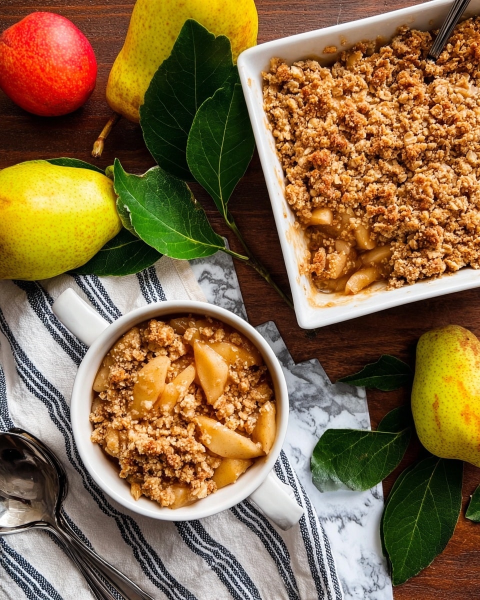 The image shows a white mug and a white square baking dish filled with apple and pear crumble. The bottom layer in both containers is a soft mix of cooked apple and pear pieces, light brown and slightly shiny with syrup. The top layer is a crumbly, golden brown topping with uneven, chunky bits of oats and crispy baked batter. The mug is set on a dark wooden table next to fresh green leaves, two silver spoons, a striped white and navy cloth, and whole yellow pears and a red and yellow apple around it. The background is replaced with a white marbled texture. photo taken with an iphone --ar 4:5 --v 7
