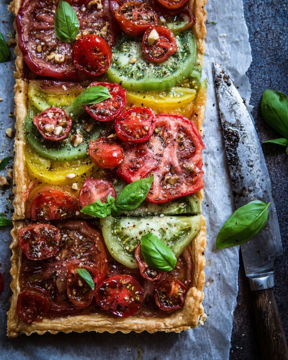 A rectangular tart with a flaky golden crust forms the base, topped with layers of sliced heirloom tomatoes in red, green, and yellow colors. Halved red cherry tomatoes are scattered on top, along with fresh bright green basil leaves placed evenly for garnish. Small chopped nuts are sprinkled over the tomato layers, and a light ground black pepper dusting covers the whole tart. The tart is placed on parchment paper on a textured dark surface with a knife next to it. Photo taken with an iphone --ar 4:5 --v 7